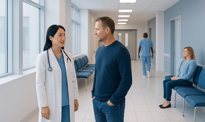 Doctor and patient having a conversation in hospital corridor.