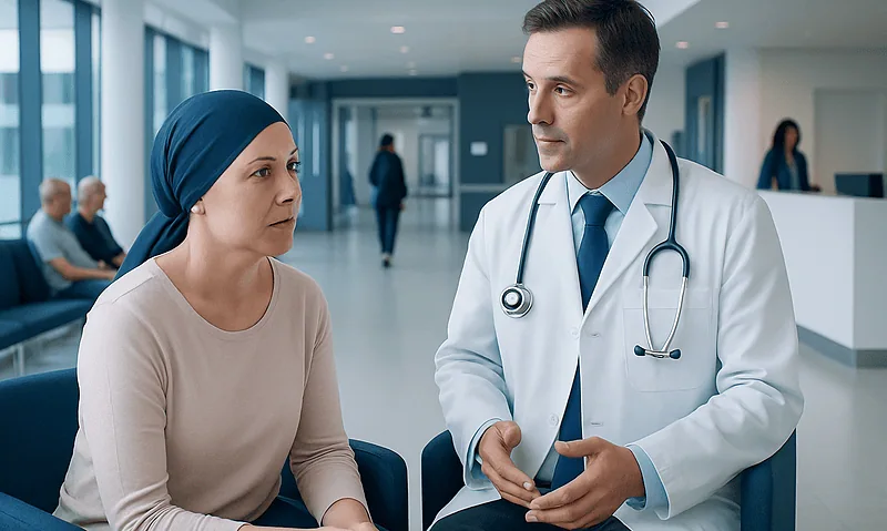 Doctor consulting with a patient in a hospital corridor.