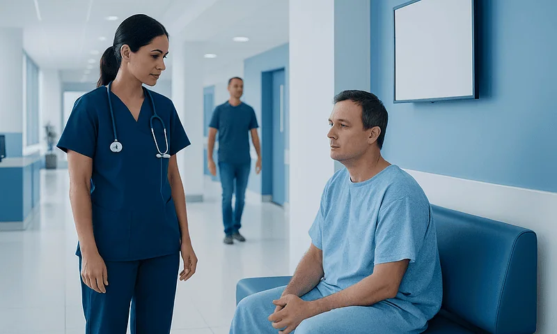 Healthcare professional talking to a patient in hospital corridor.
