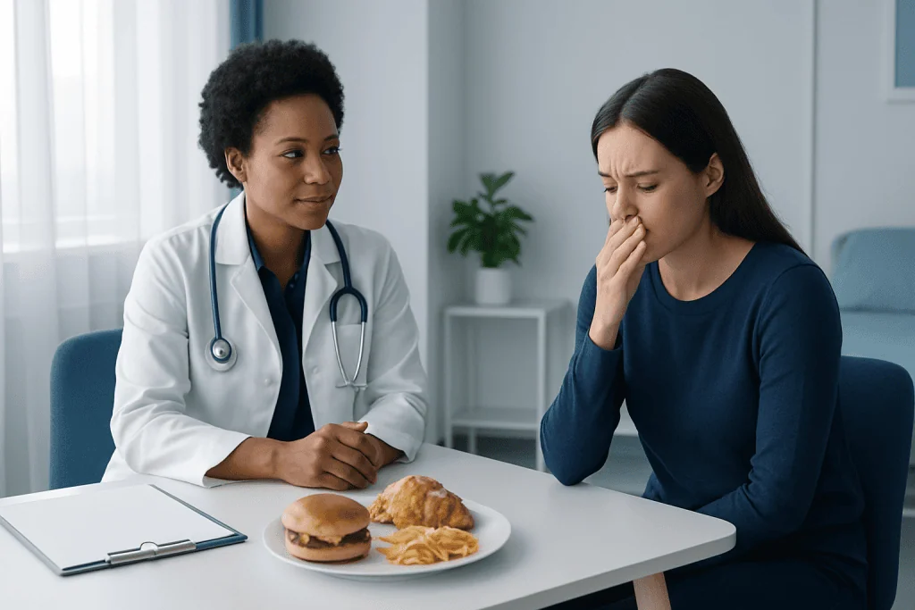 Doctor advising patient on nausea and diet options in a clinical setting.