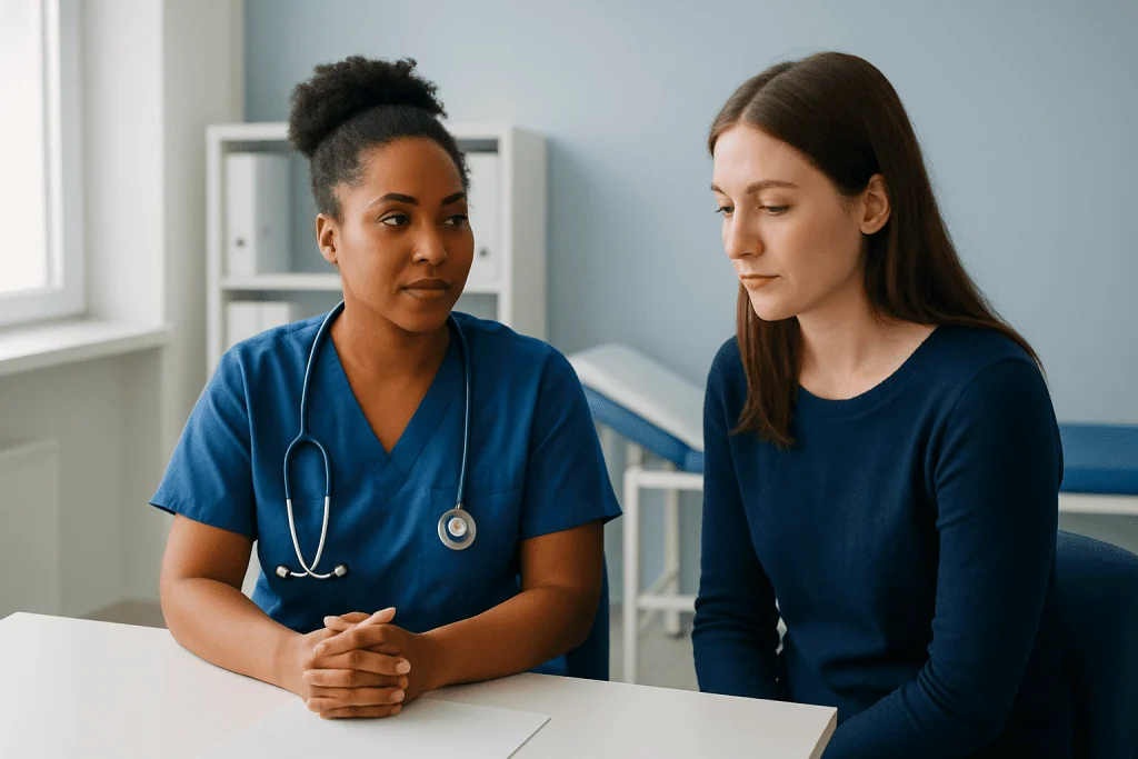 Healthcare professional consulting a patient in a medical office.