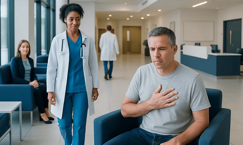 Patient experiencing chest discomfort in hospital waiting area.
