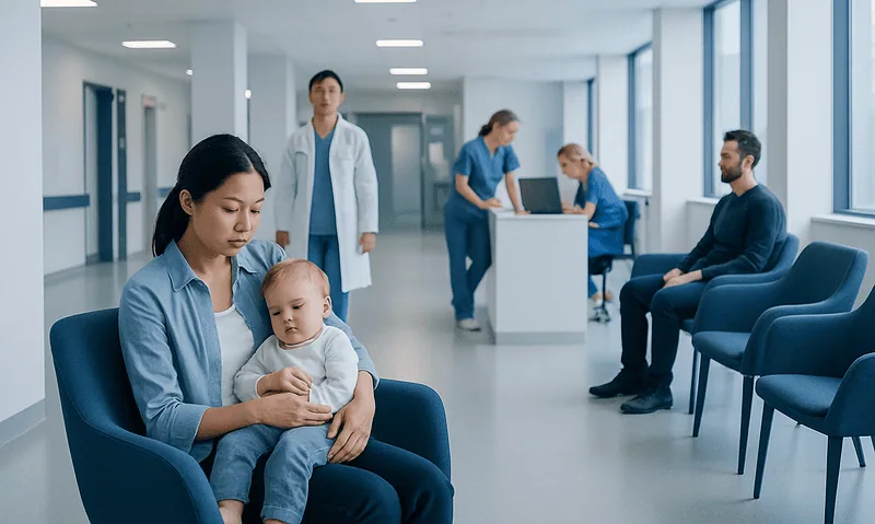 Parents and medical staff in a hospital waiting area with a young child.