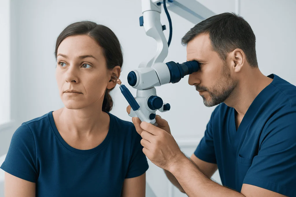 Doctor examining patient's ear with a microscope in a clinical setting.