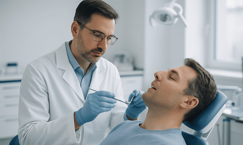 Dentist examining patient's mouth in a dental clinic.