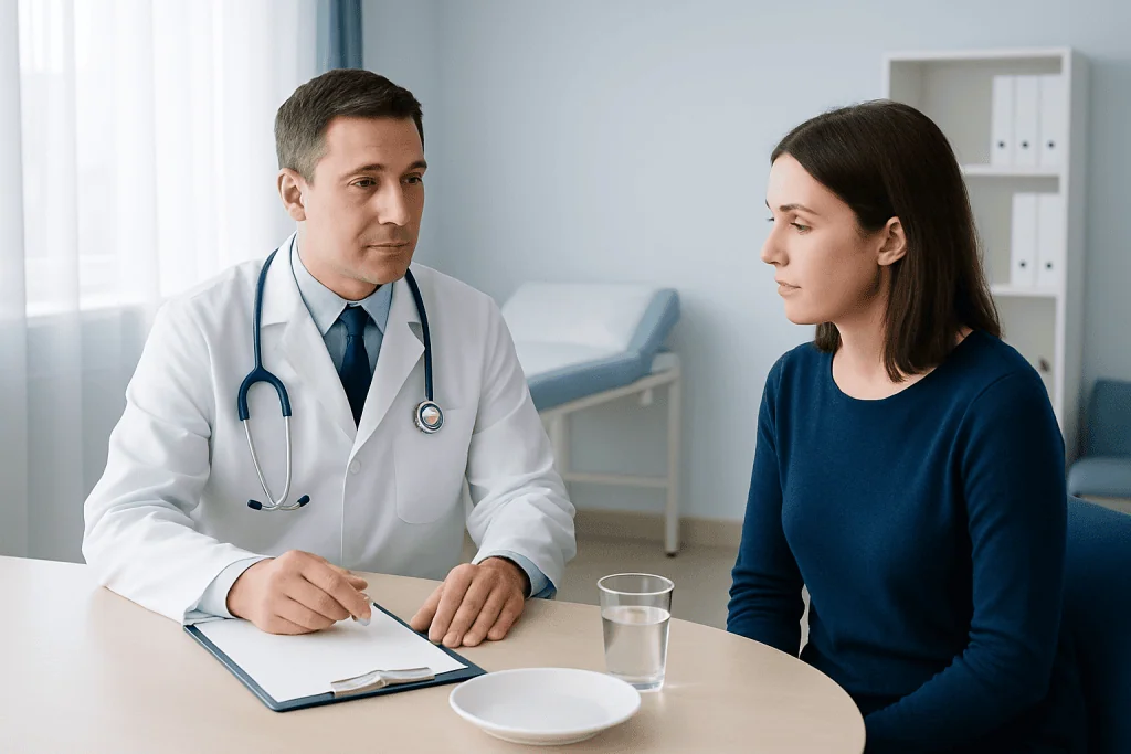 Doctor consulting with a female patient in a medical office.