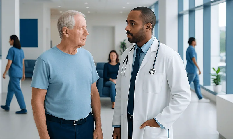 Doctor consulting senior male patient in hospital corridor.