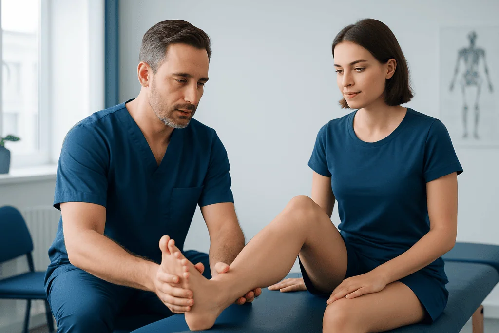 Physical therapist examining patient's ankle for rehabilitation progress.
