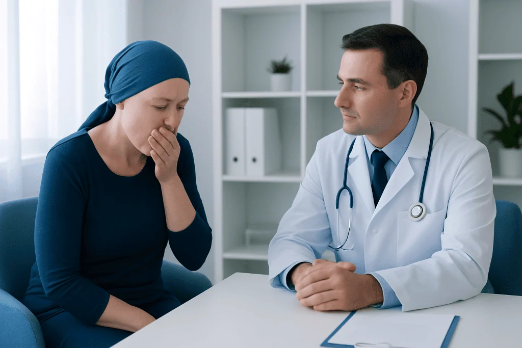 Doctor consulting with a patient experiencing nausea in a medical office.