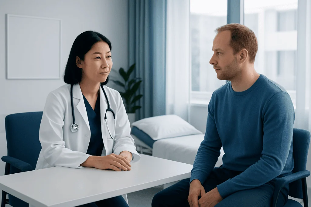 Doctor consulting with male patient in a modern clinic setting.