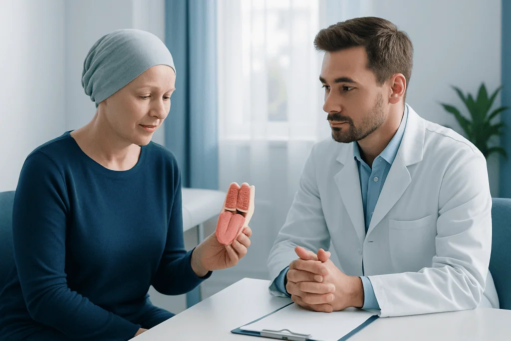 Doctor explaining tongue anatomy to a patient in a consultation room.