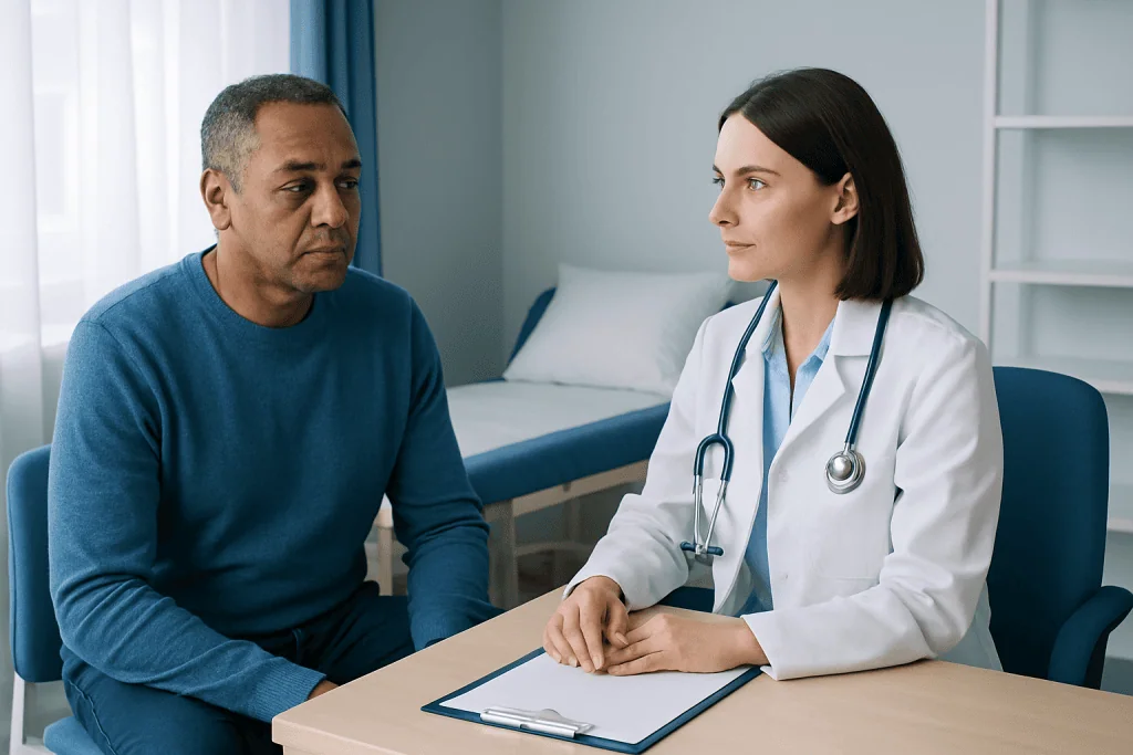 Doctor consulting with male patient in a medical office setting.