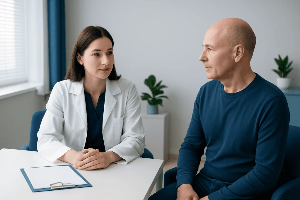 Doctor consulting with patient in a medical office setting.