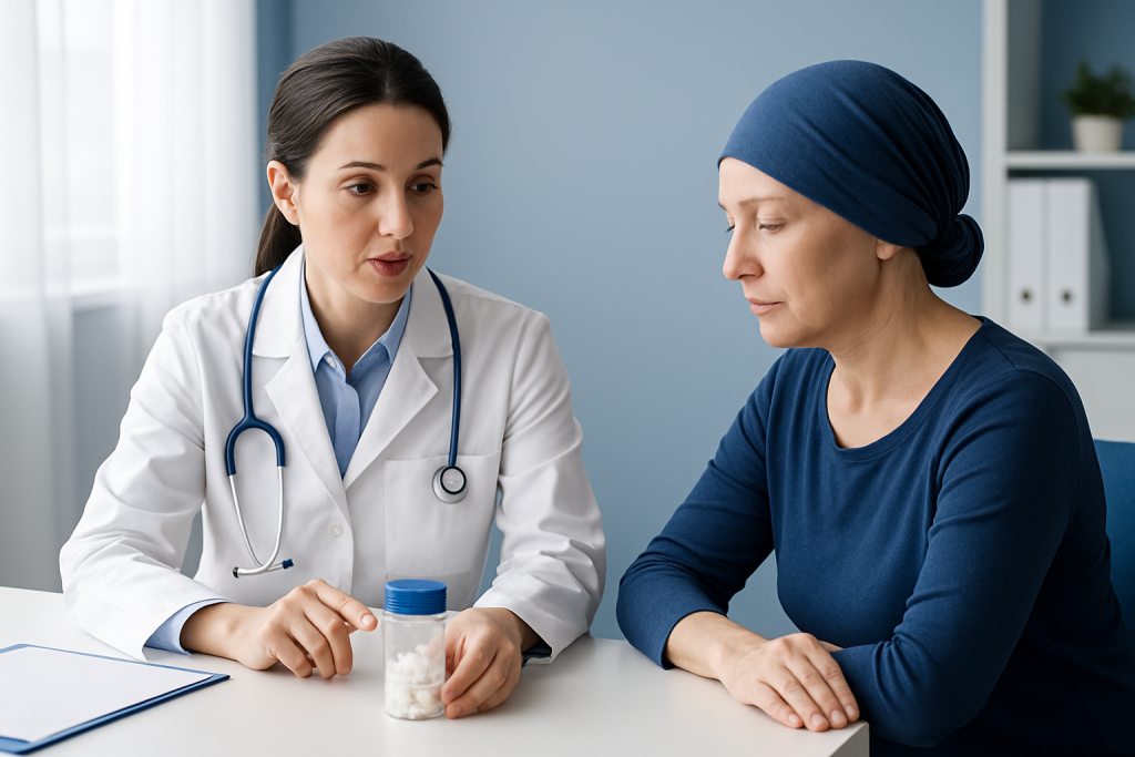 Doctor discussing medication with a patient in a clinical setting.