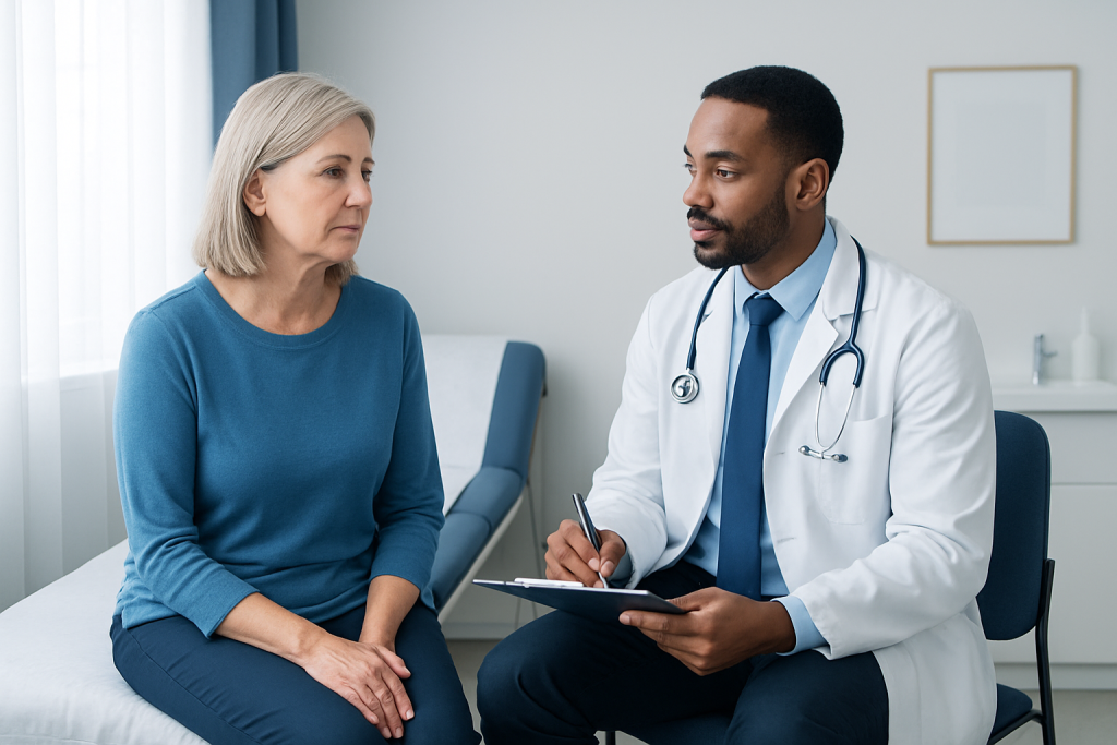 Doctor consulting with an elderly female patient in a medical office.