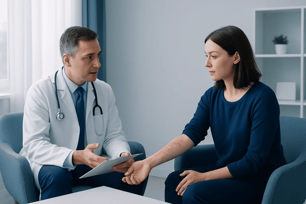 Doctor consulting with a patient about skin treatment options.
