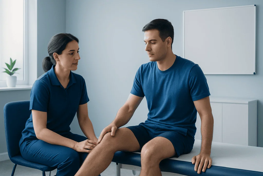 Physical therapy session with a therapist and patient in a clinic setting.