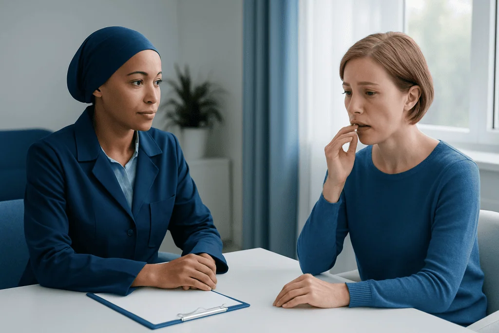 Doctor consulting with a patient about mouth sores from chemo treatment.