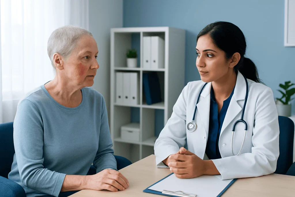 Doctor consulting with elderly patient in a medical office.