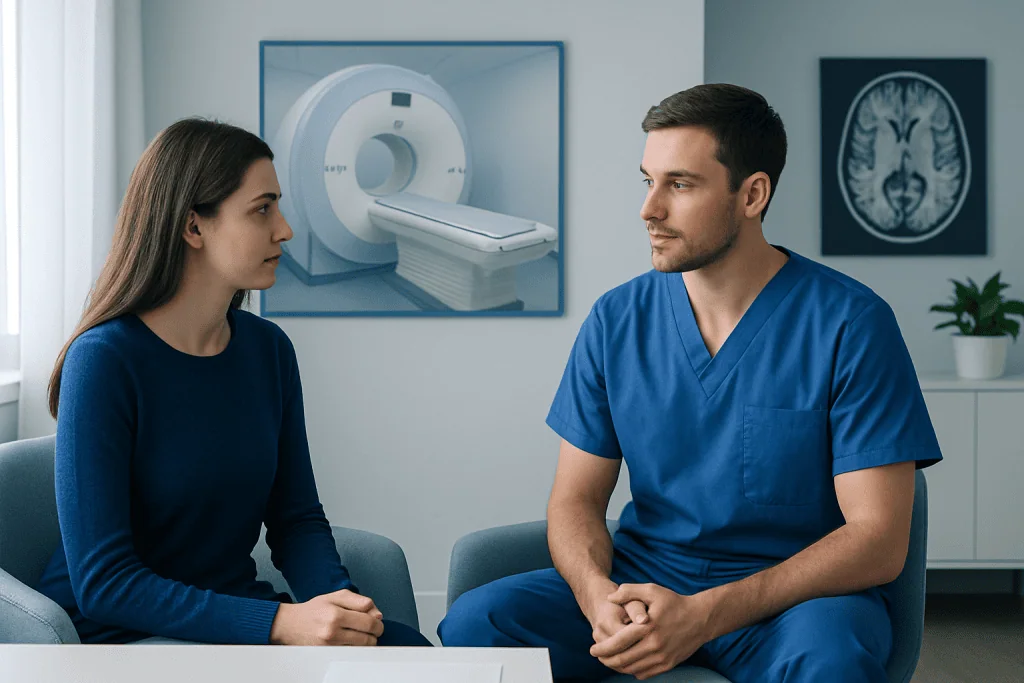 Medical professional explains MRI procedure to patient in hospital setting.