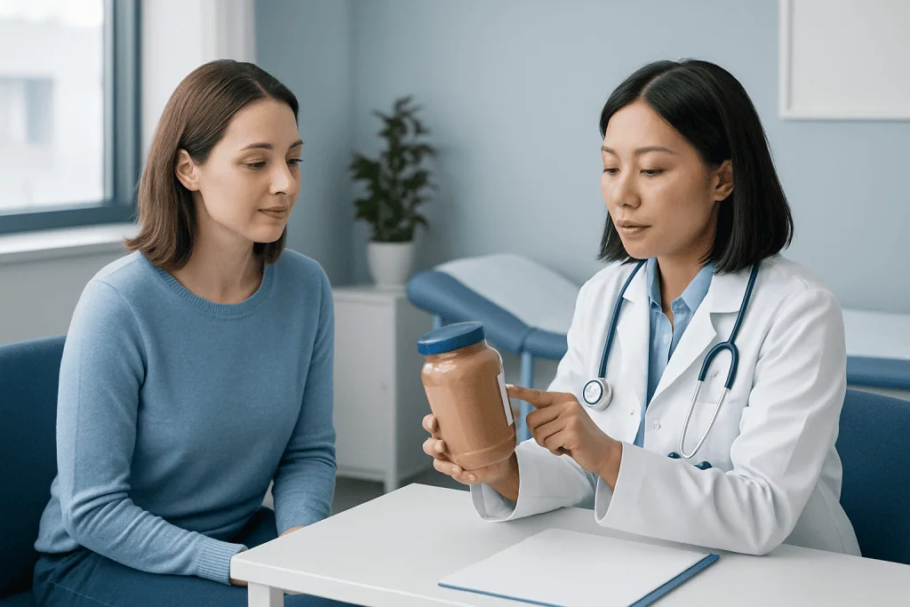 Doctor explaining peanut butter benefits to patient in consultation room.