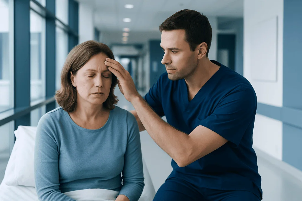 What to Say to Someone with a Fever? Here Is What the Evidence Says 1 Doctor examines woman with fever in hospital corridor.