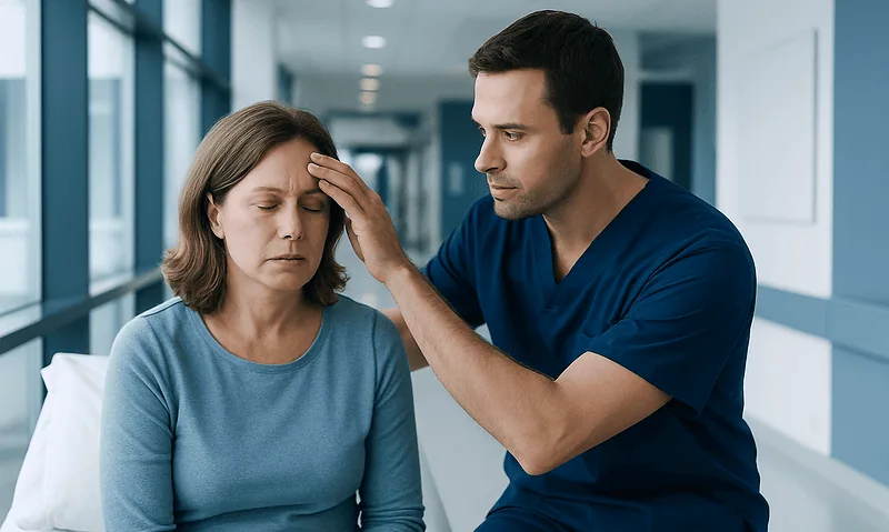 Doctor examines woman with fever in hospital corridor.