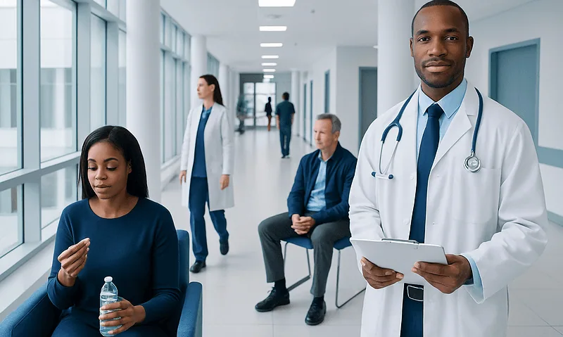 Healthcare professionals and patients in a modern hospital corridor.