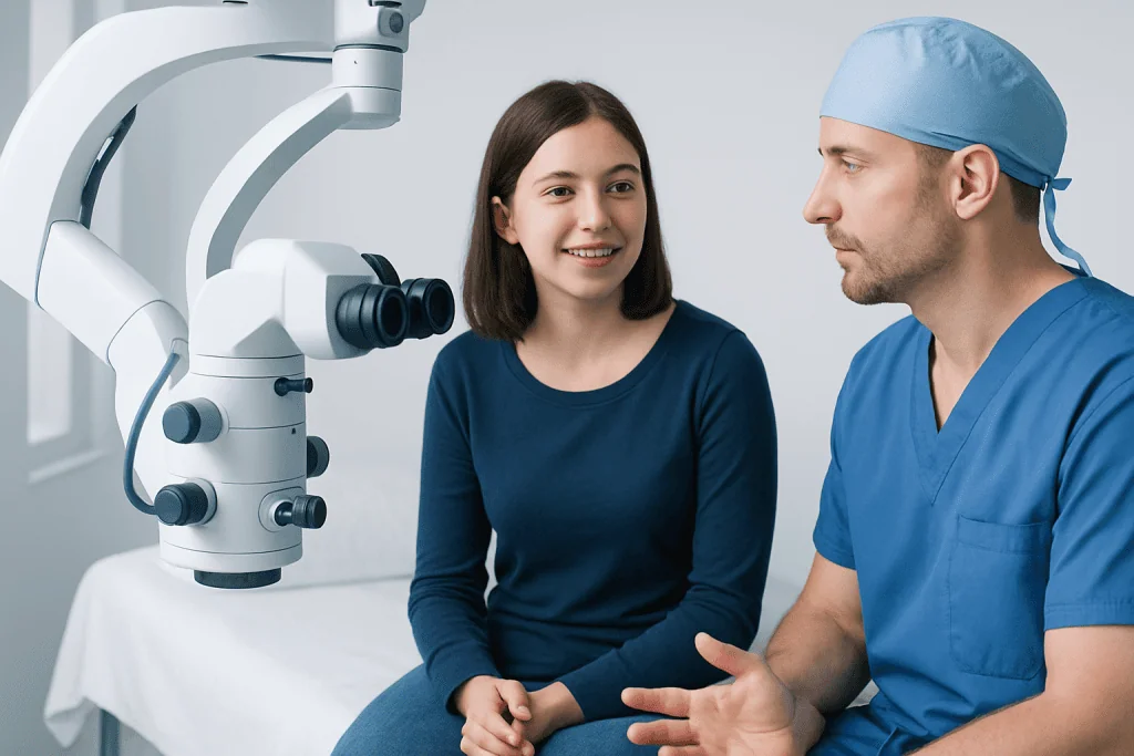 Dentist and patient discussing dental treatment with microscope in clinic.