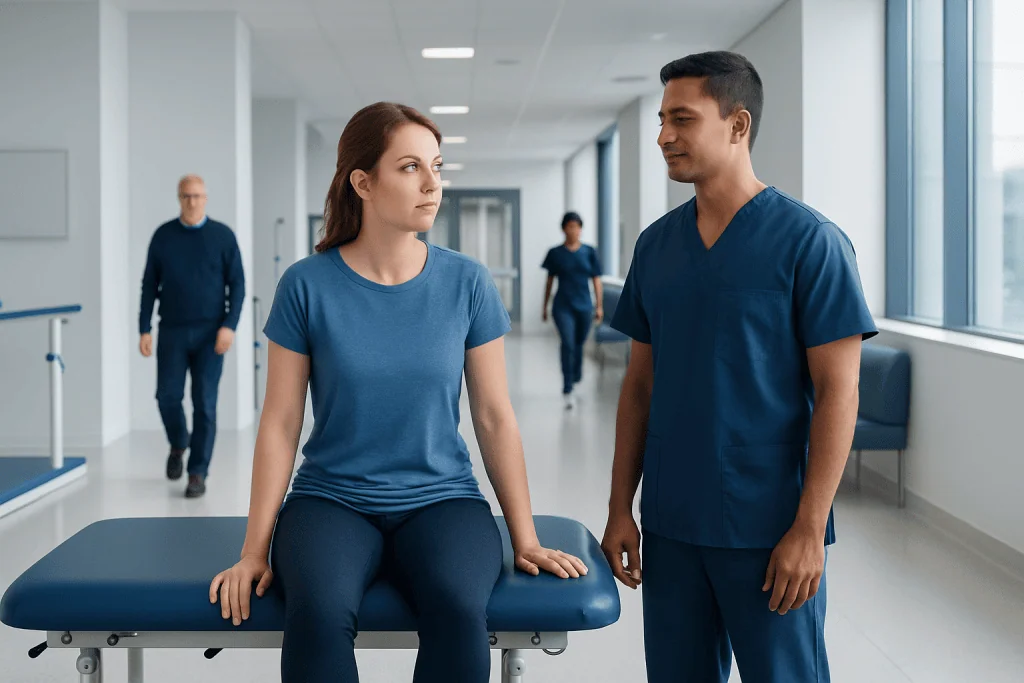 What to Wear to Physical Therapy? A Doctor-Reviewed Answer 1 Patient and healthcare professional discussing in a hospital corridor.