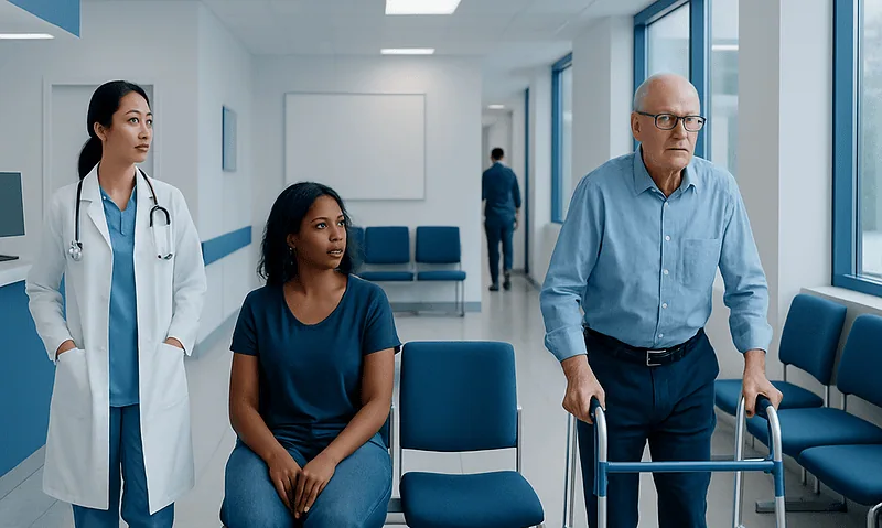 Hospital corridor with medical staff and patient using walker.