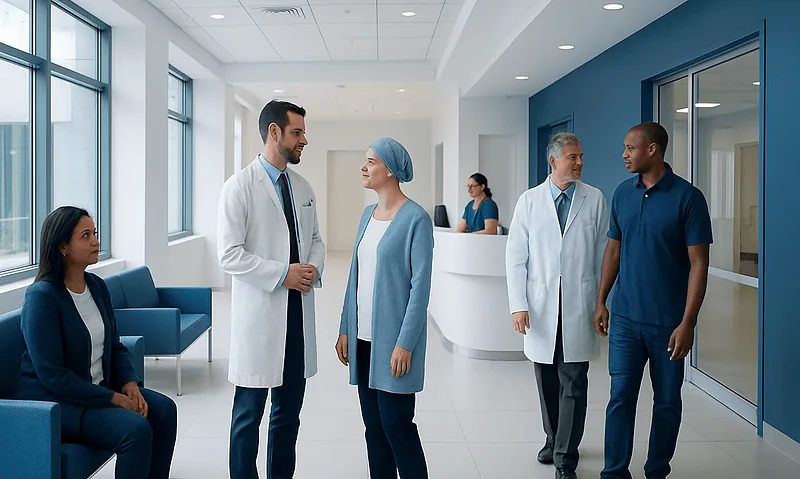 Medical professionals and patients in a modern hospital lobby.