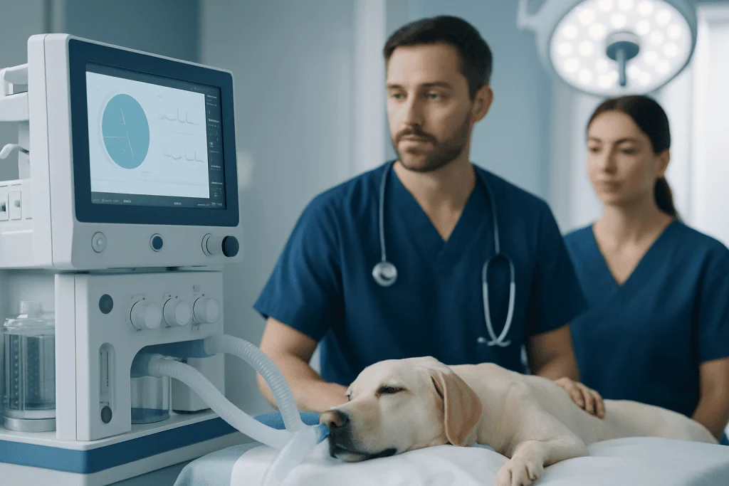 Veterinarian monitoring a dog on a medical ventilator in a veterinary hospital.