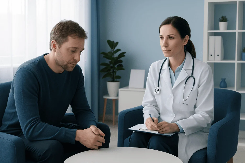 Doctor consulting with a patient in a modern medical office.