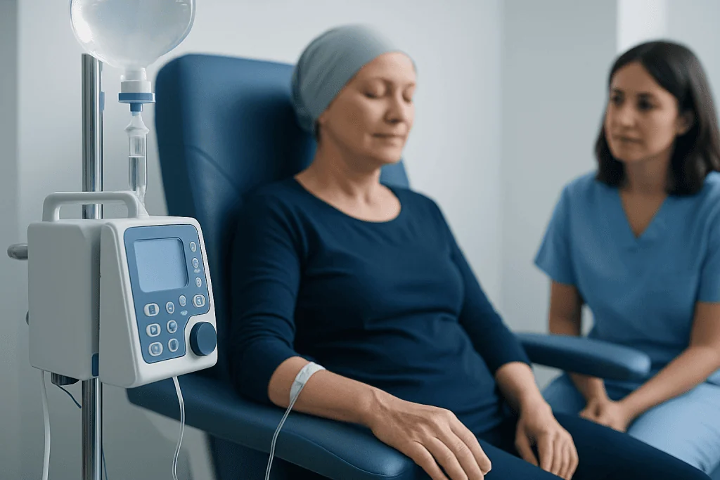 Patient receiving chemotherapy treatment in a hospital setting.