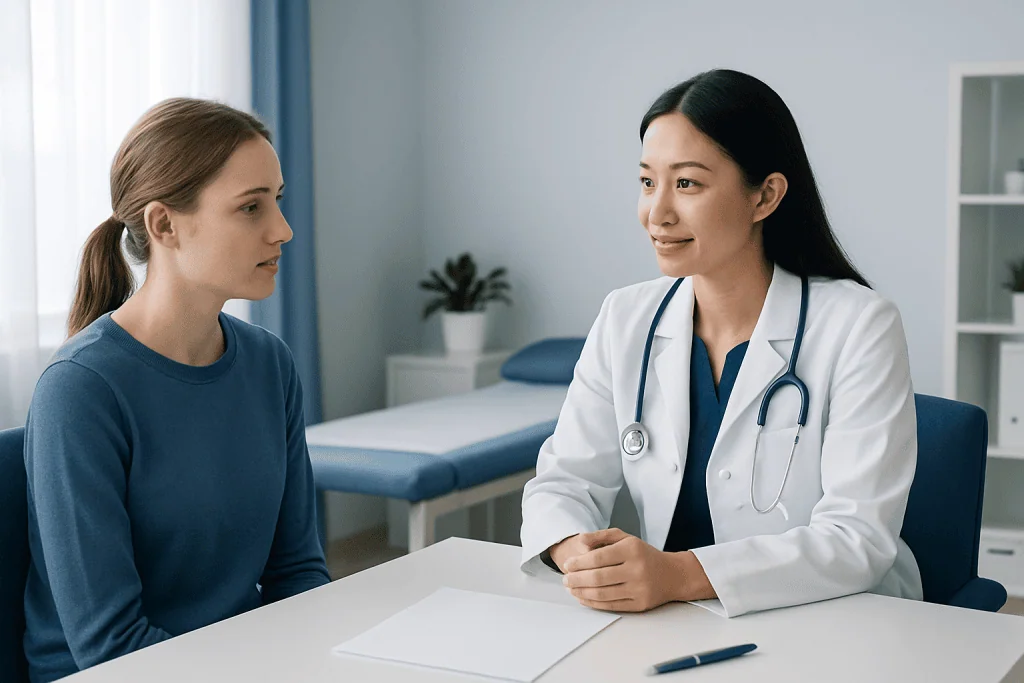 Doctor consulting with a young female patient in a medical office.