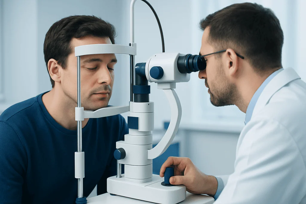 Optometrist examines patient's eye using slit lamp in clinic.