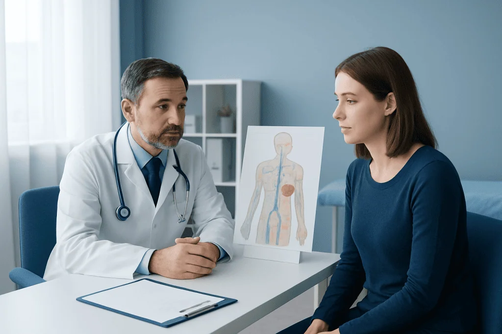 Doctor consulting with a patient about lymphoma diagnosis in a clinical setting.