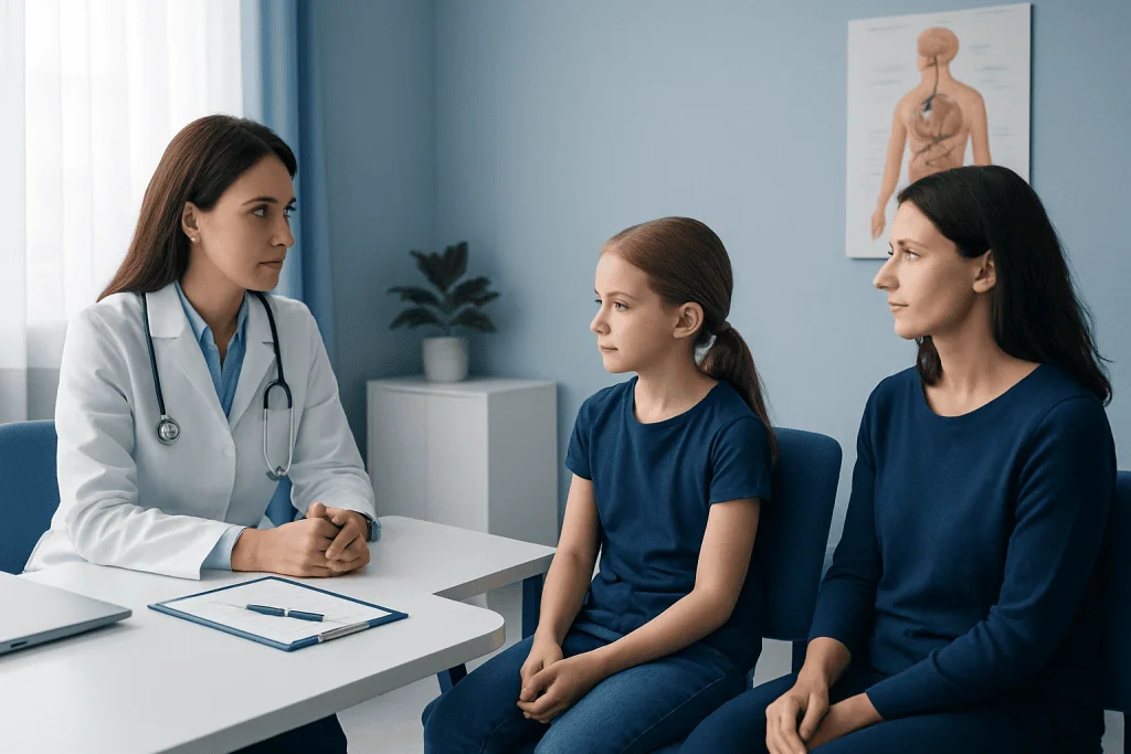 Doctor consulting with young girl and mother in a medical office.