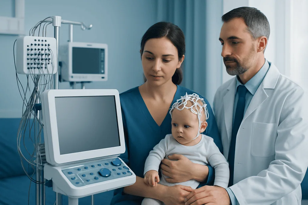 Medical team monitoring a young child with EEG equipment in a hospital.