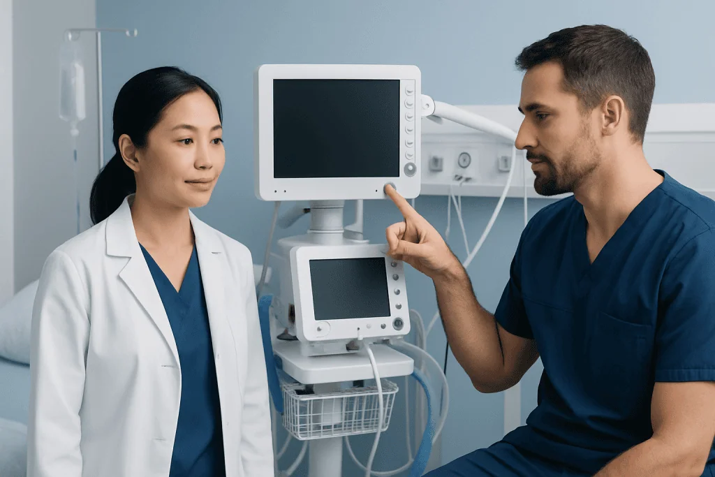 Medical professionals discussing patient care in a hospital room.
