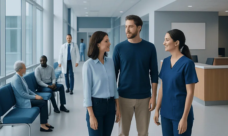 Patients and staff in a modern hospital waiting area.