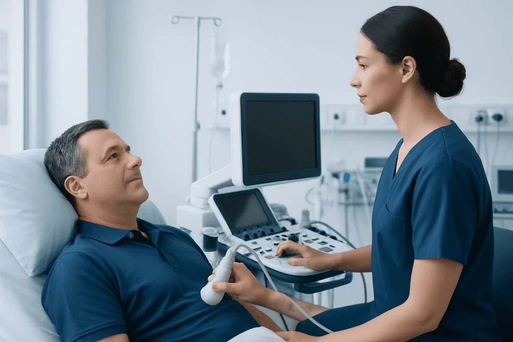 Doctor performing an ultrasound on a male patient in a hospital room.