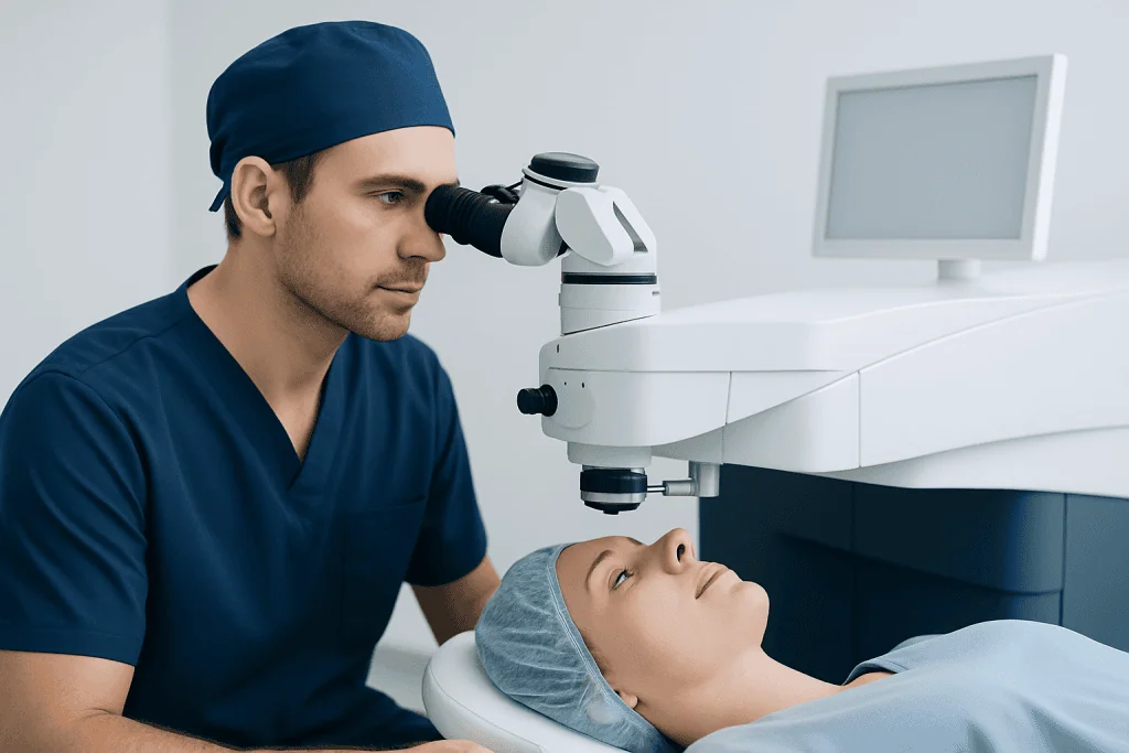 Eye doctor examining patient with advanced ophthalmic equipment.