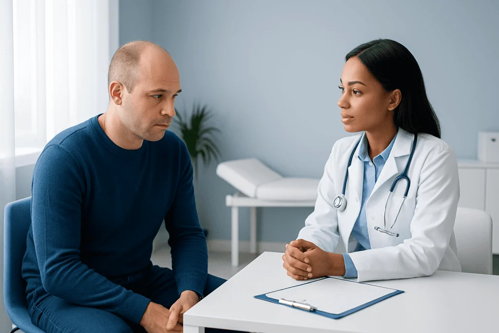 Doctor consulting with male patient in a medical office.