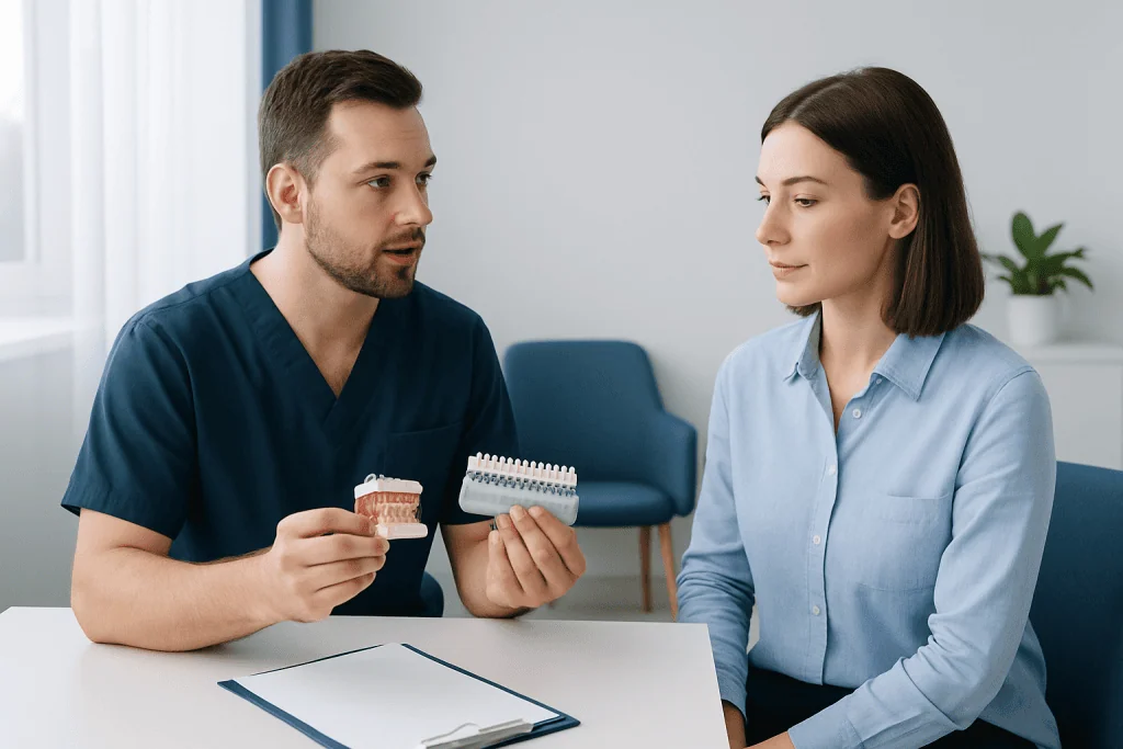 Dentist explaining dental veneers options to a patient in a clinic.