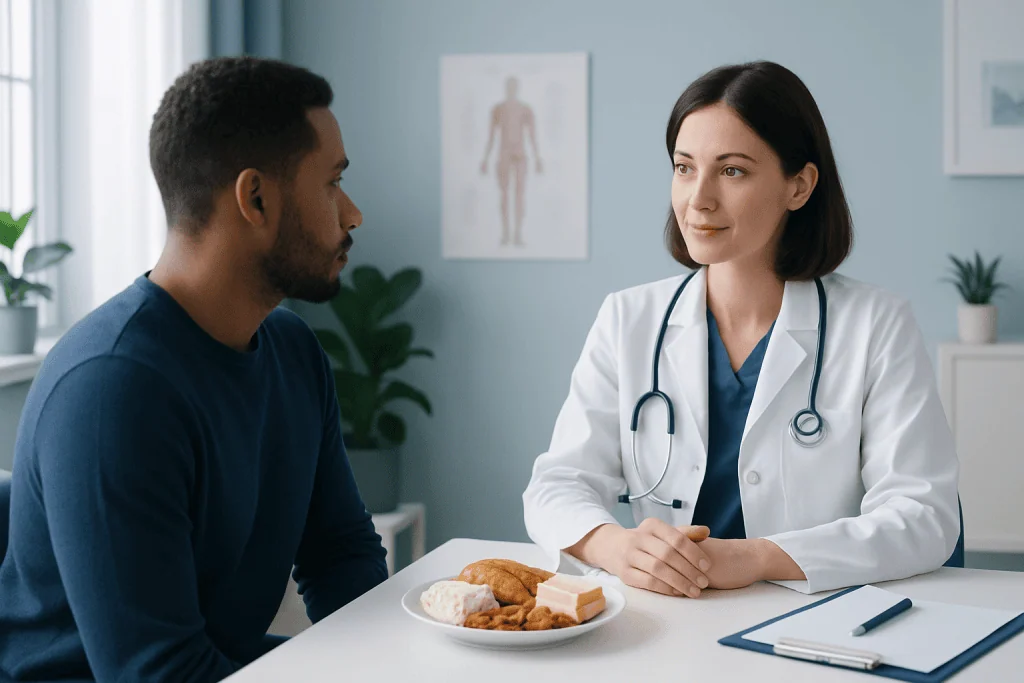 Doctor consulting with patient in a medical office setting.