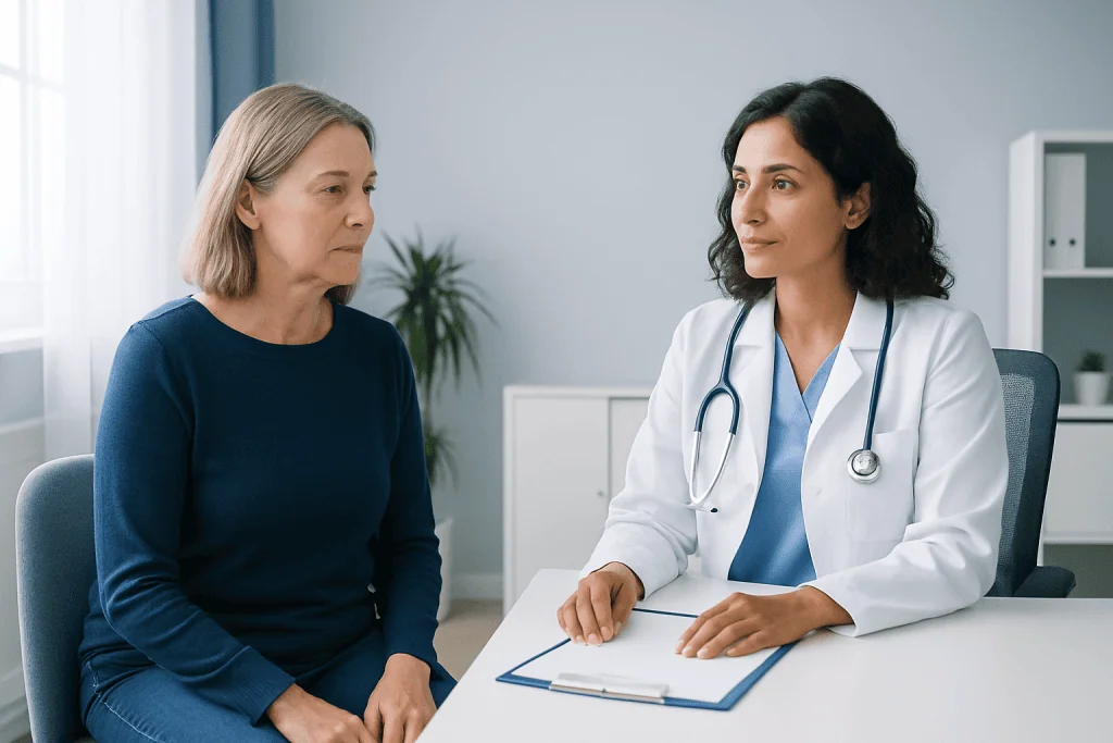 Doctor consulting with a middle-aged female patient in a medical office.