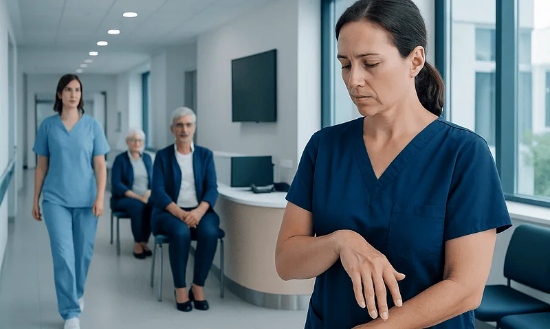 Concerned nurse in hospital corridor with waiting patients.