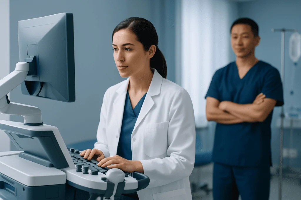 Medical professionals using ultrasound equipment in a hospital setting.